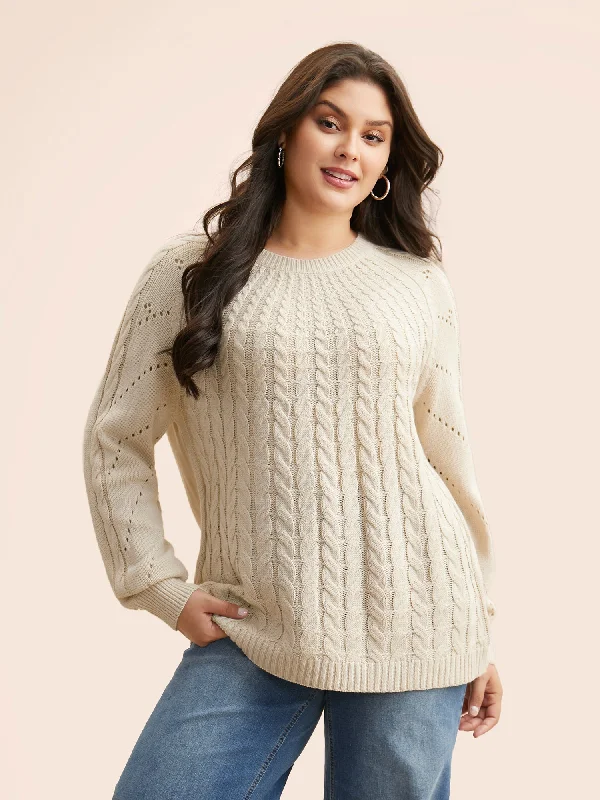 Cable Knit Raglan Sleeve Cut Out Pullover