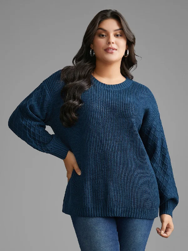 Cable Knit Texture Lantern Sleeve Pullover