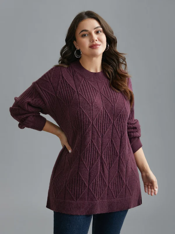 Cable Knit Turtleneck Split Hem Pullover