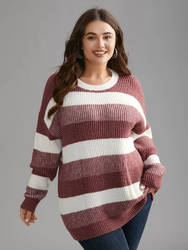 Color Block Round Neck Texture Pullover