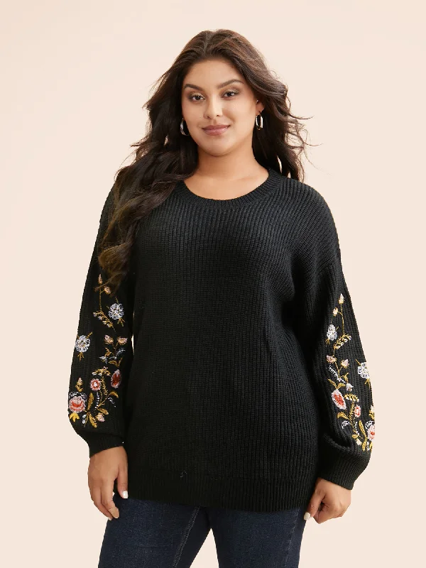 Floral Embroidered Drop Shoulder Sleeve Pullover