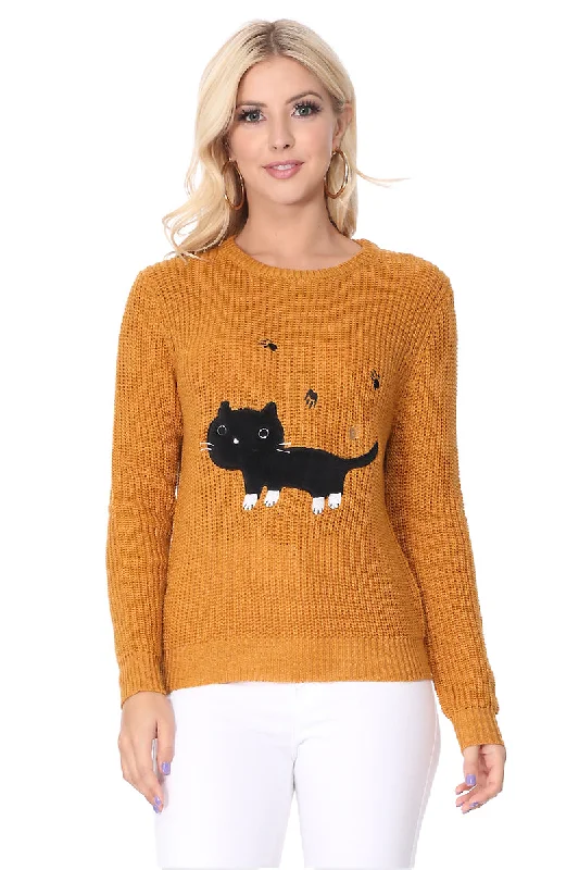 YEMAK Women's Black Cat Applique Crewneck Long Sleeve Casual Knit Pullover Sweater MK8207