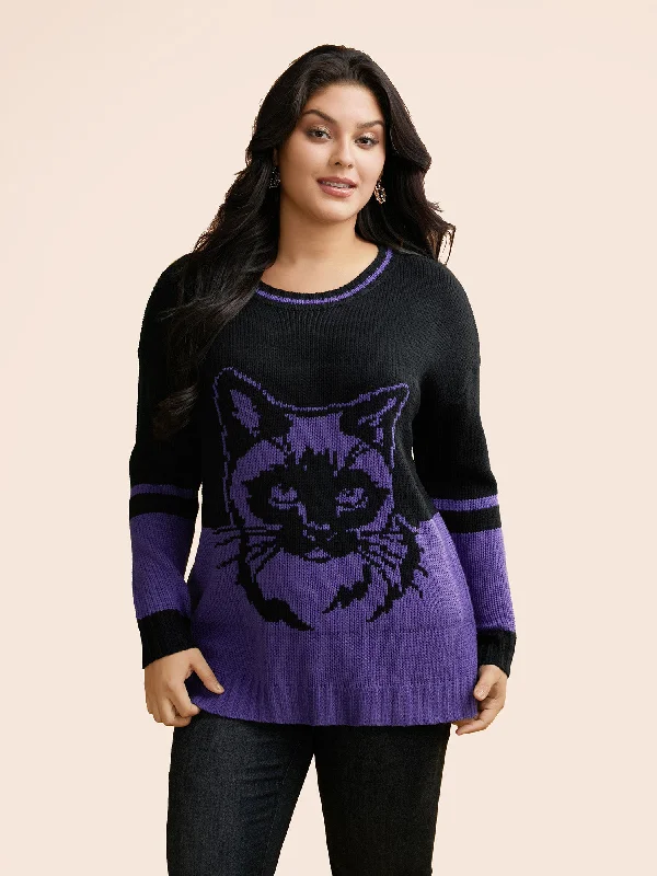 Mystic Cat Pattern Crew Neck Pullover