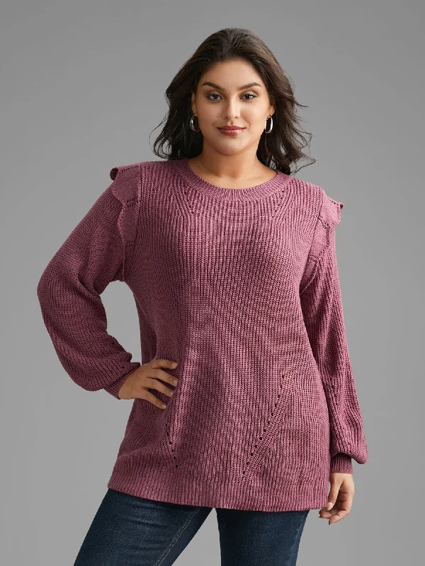 Plain Texture Trim Lantern Sleeve Pullover