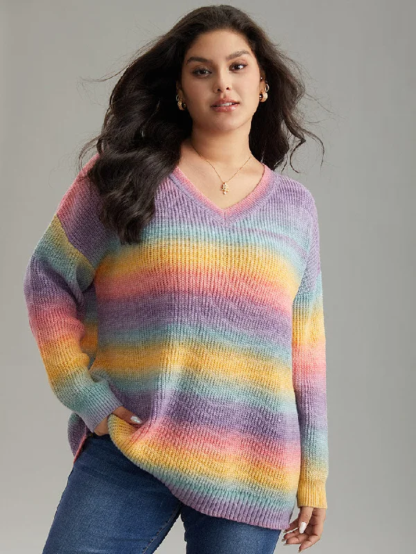 Rainbow Ombre V Neck Loose Pullover