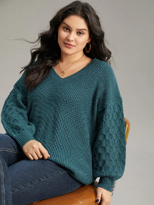 Solid Cable Knit V Neck Drop Shoulder Pullover