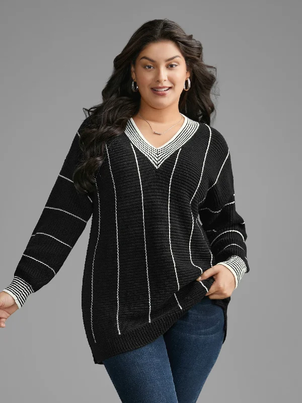 Texture Contrast Striped Lantern Sleeve Pullover