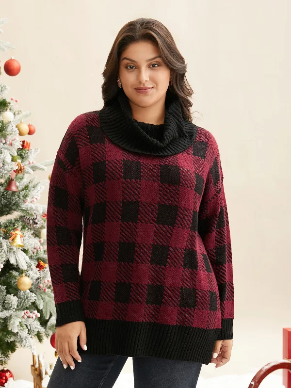 Turtleneck Plaid Pattern Straight Fit Pullover