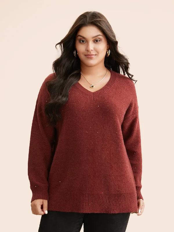 V Neck Glitter Dropped Shoulder Split Hem Pullover