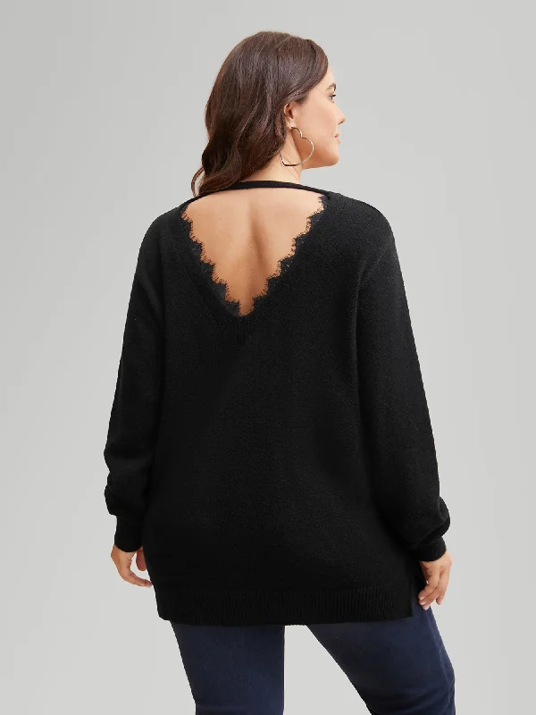 V Neck Lace Patchwork Backless Pullover