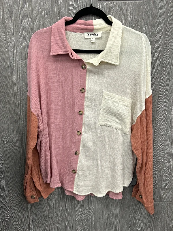 Top Long Sleeve By Clothes Mentor In Pink & White, Size: L