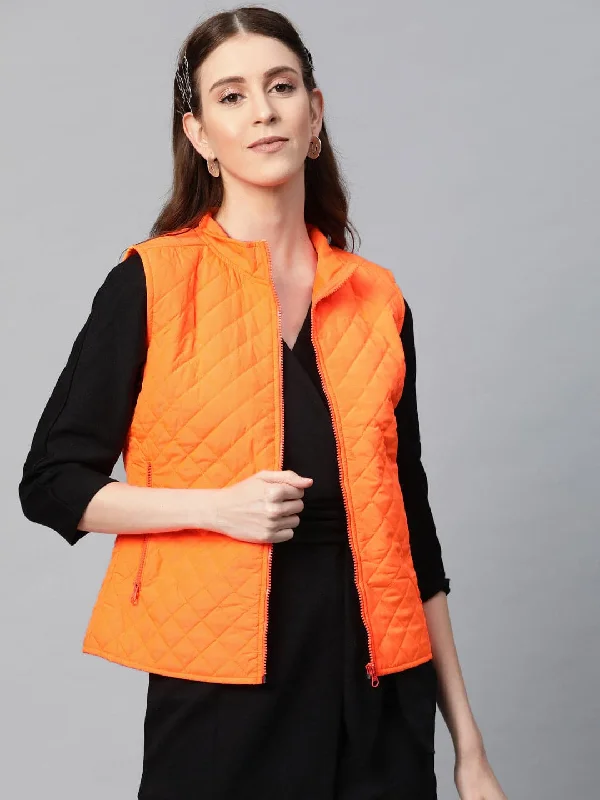 Neon Orange Sleeveless Quilted Puffer Jacket