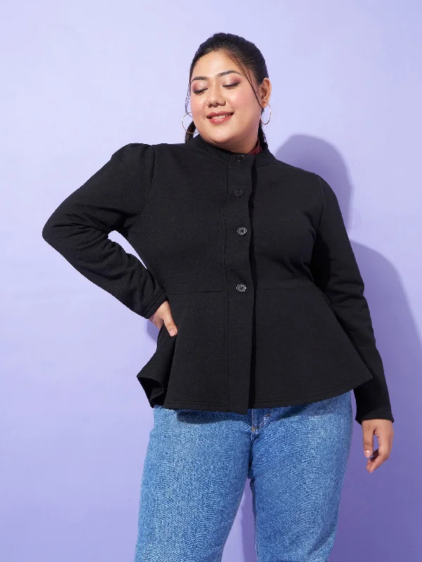 Women Black Fleece Button Peplum Jacket