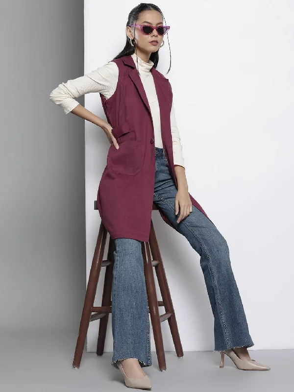 Women Burgundy Twill Longline Sleeveless Jacket