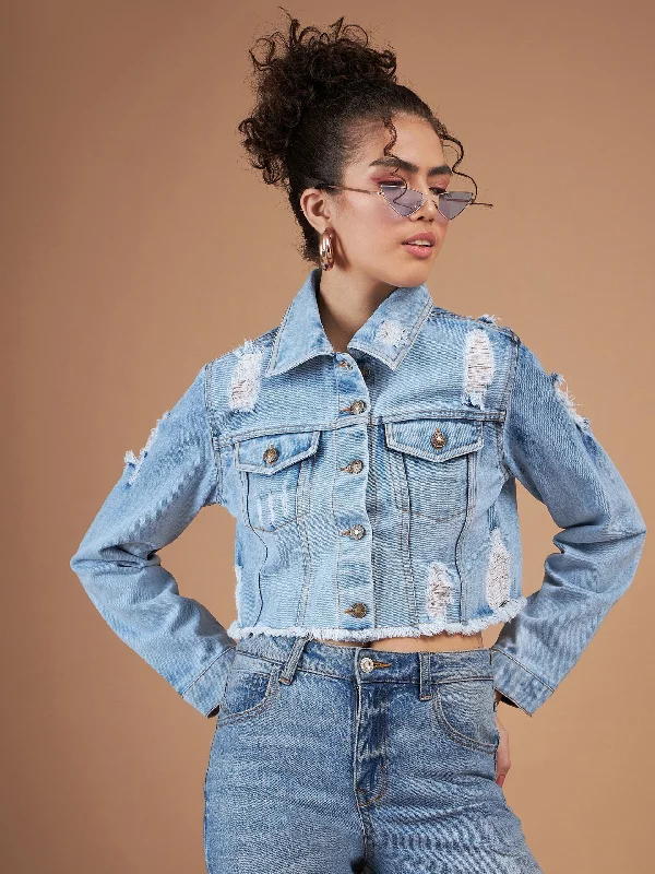 Women Ice Blue Distressed Denim Crop Jacket