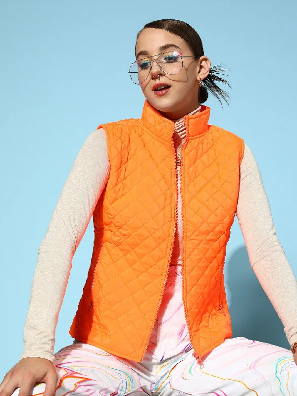 Women Neon Orange Sleeveless Quilted Puffer Jacket