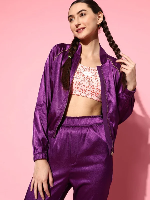 Women Purple Lycra Satin Constrast Piping Bomber Jacket