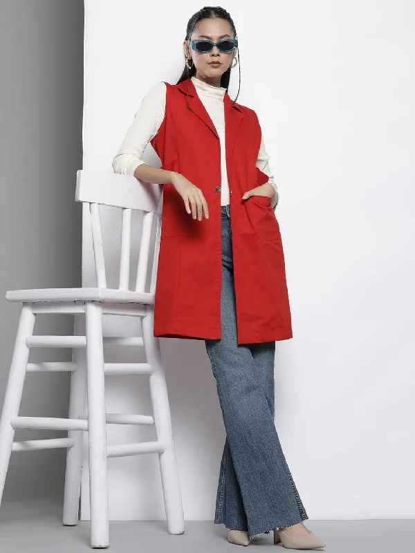 Women Red Twill Longline Sleeveless Jacket