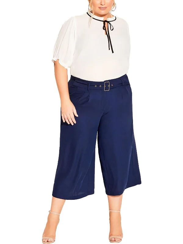 Womens Belted Polyester Wide Leg Pants