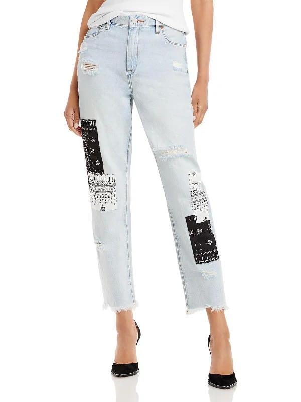 Womens Denim Patchwork Cropped Jeans