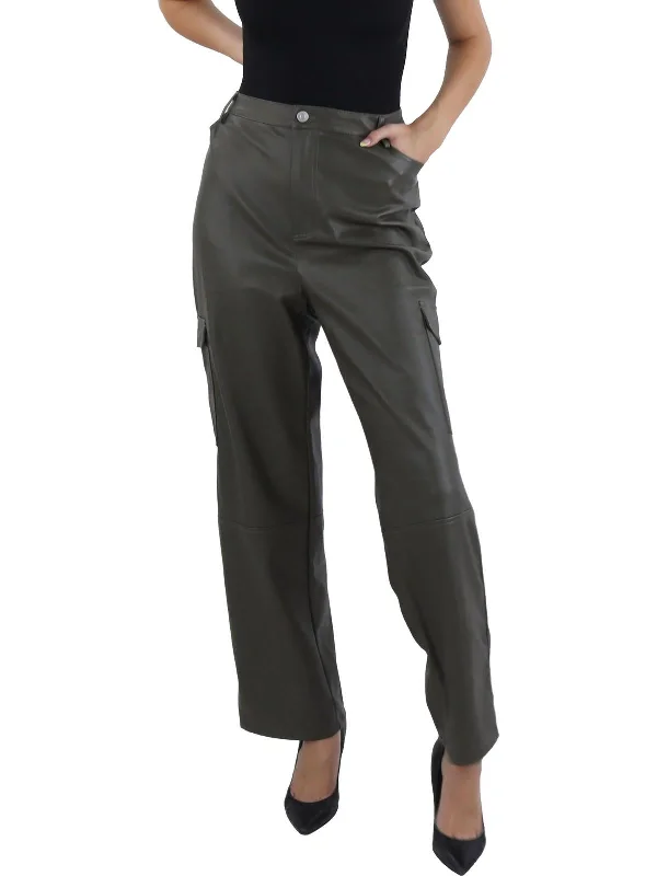 Womens Faux Leather High Rise Cargo Pants