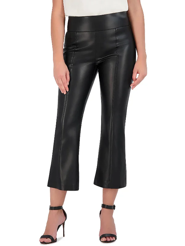 Womens Faux Leather High Rise Flared Pants