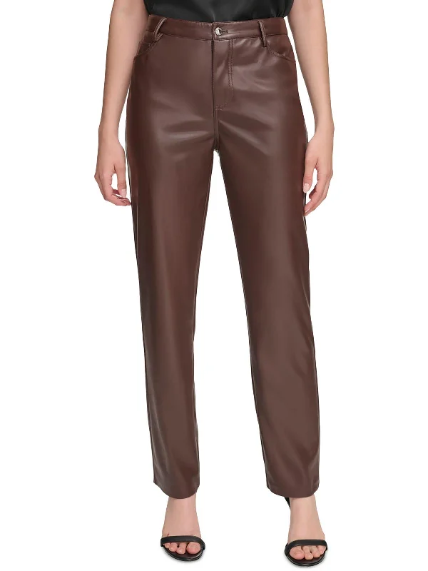 Womens Faux Leather High Rise Straight Leg Pants