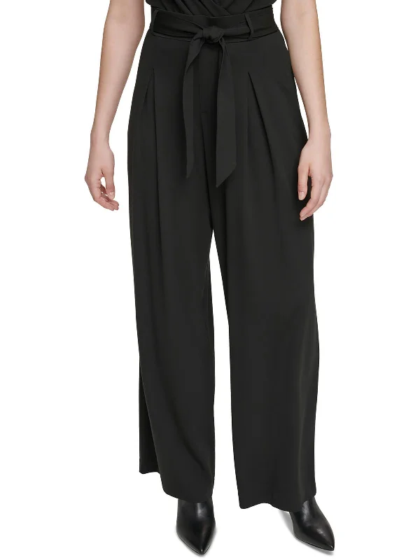 Womens Pleated Belted Wide Leg Pants