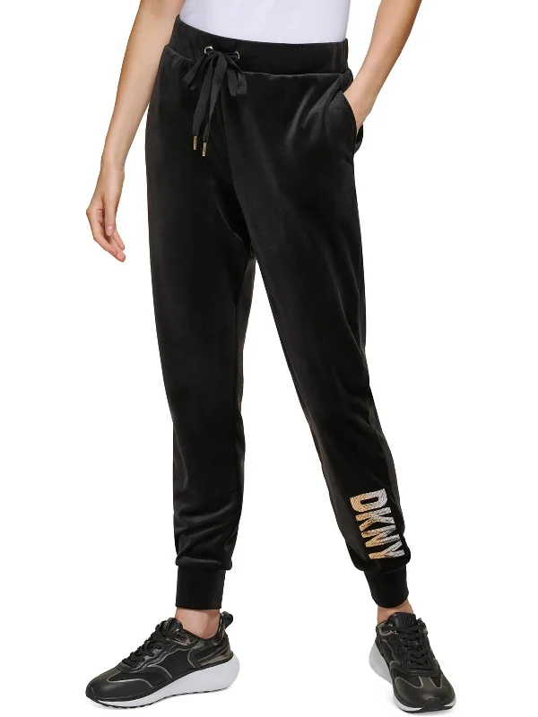 Womens Velour Sequined Logo Jogger Pants